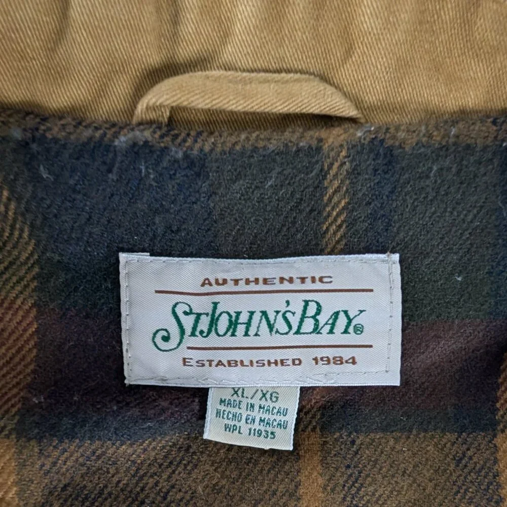 VTG Tan Khaki Multi Pocket Brown Collar Plaid Flannel Line Barn Coat Chore